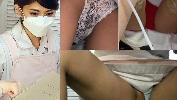 おまた全開ビラビラはみ出し治療中の盗撮 ハーフ美人助手のローアングル食い込み赤パンティー